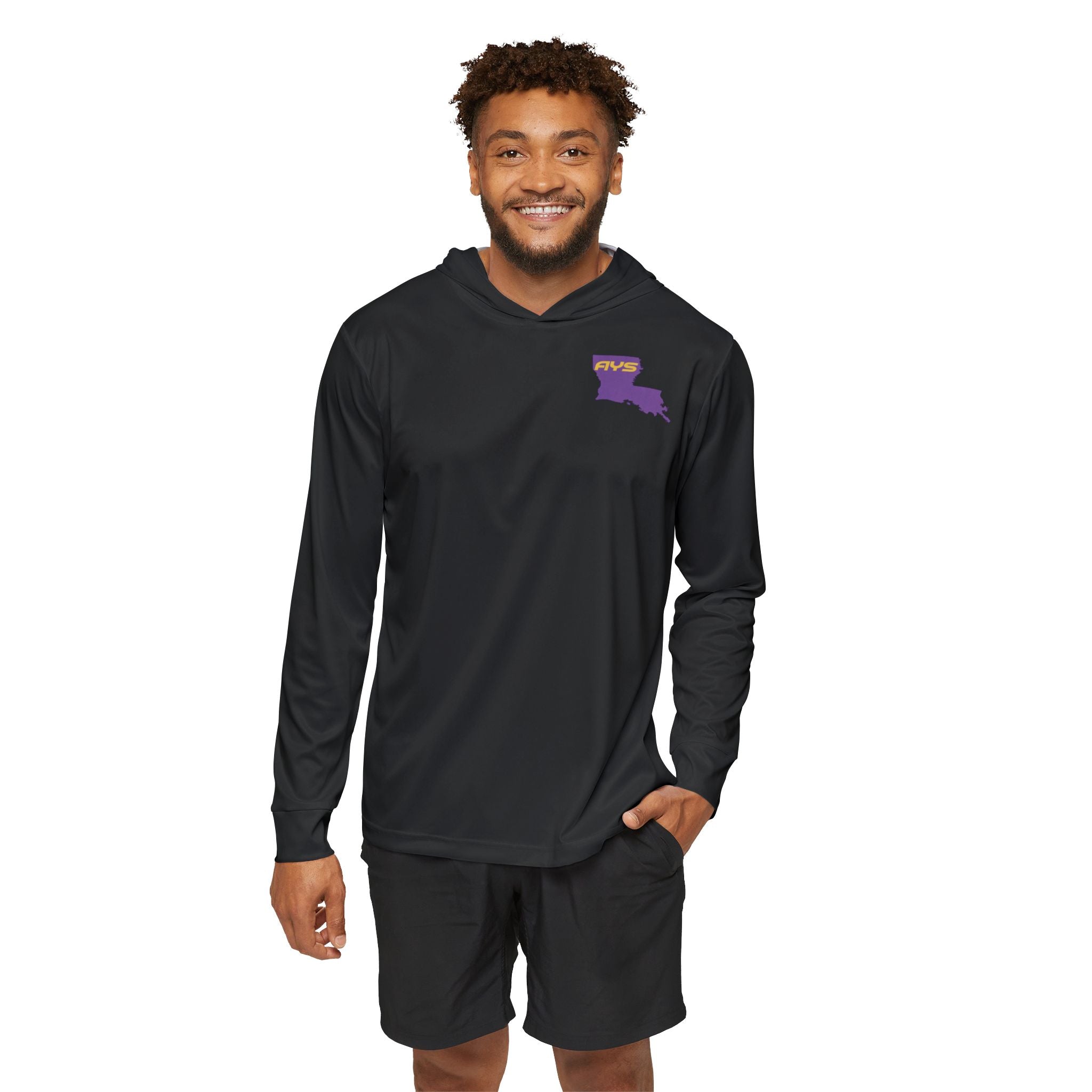 Black with Purple Louisiana AYS Men's Sports Warmup Hoodie (AOP)